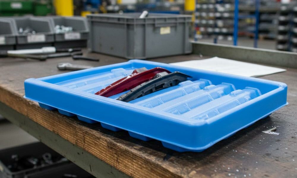 A vac formed tray on a workbench in a factory