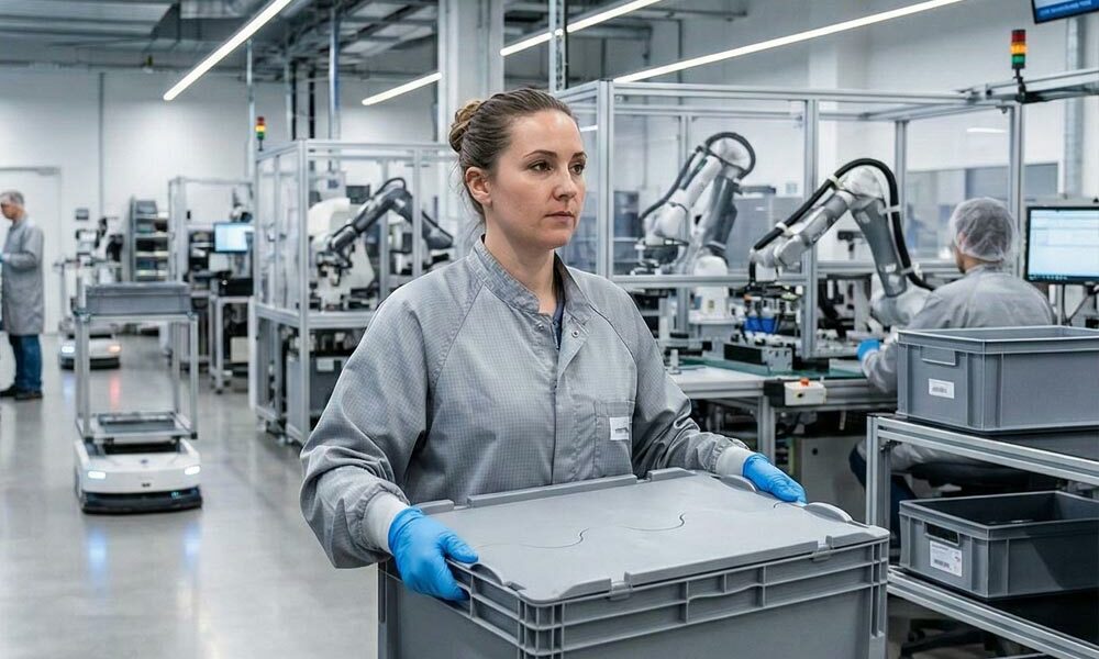A person carrying an attached-lid tote through a factory.