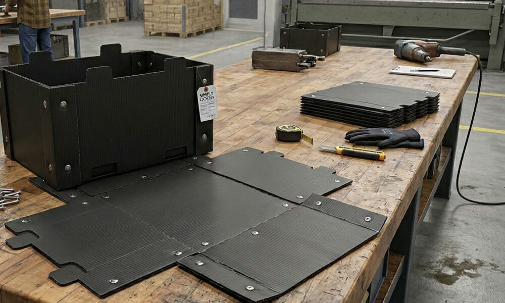 Collapsible packaging Collapsible packaging on a workbench in an industrial production area