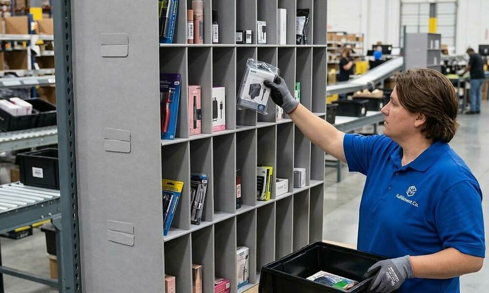A person retrieving items from Correx pigeon holes in a fulfilment centre