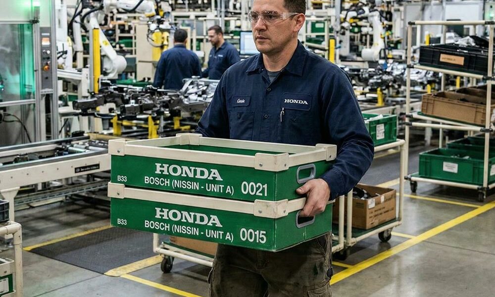 A person carrying Correx plastic tote boxes through an automotive factory