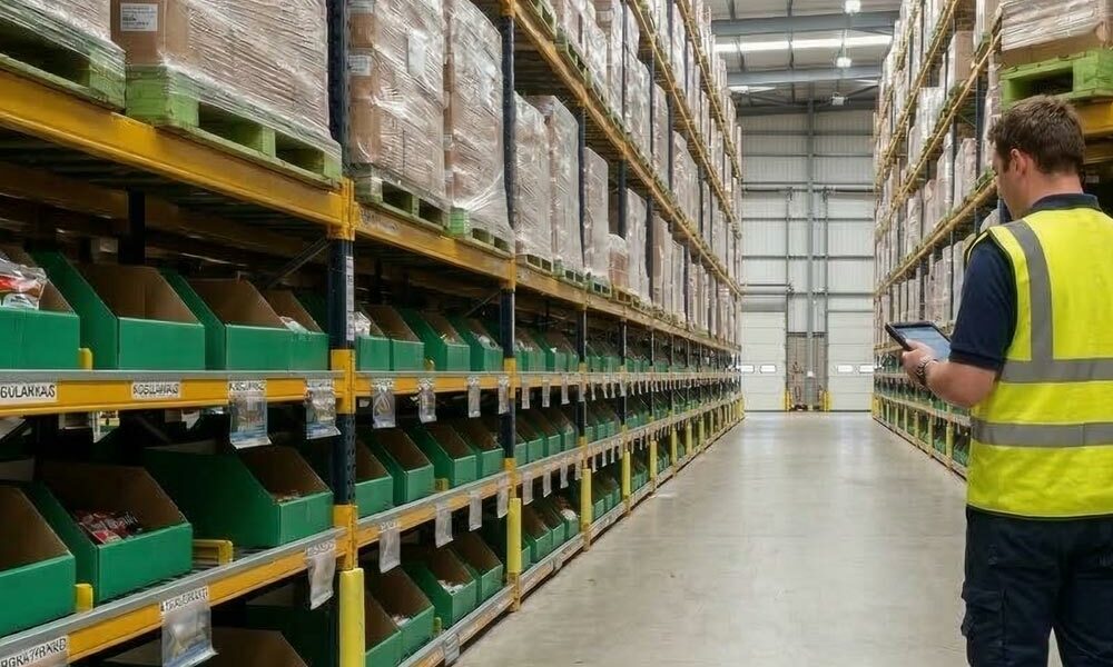 A person looking at corrugated cardboard parts bins in a warehouse