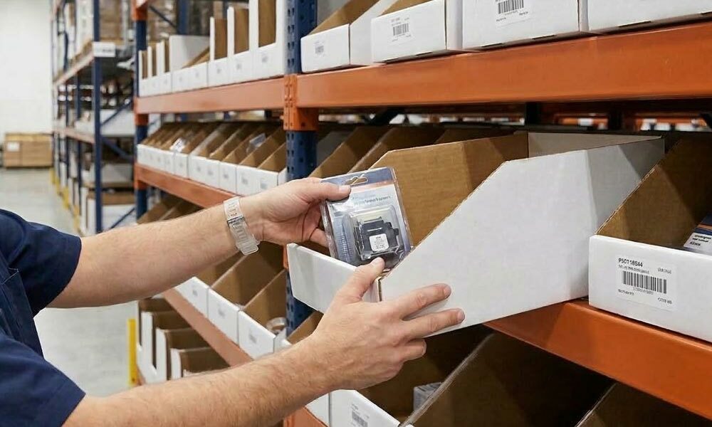 A person taking a product out of corrugated cardboard shelf bins in a warehouse