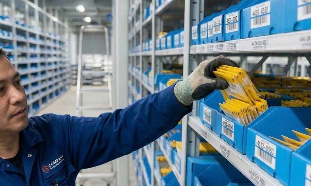 A person taking a product out of a corrugated plastic small parts bin in a warehouse