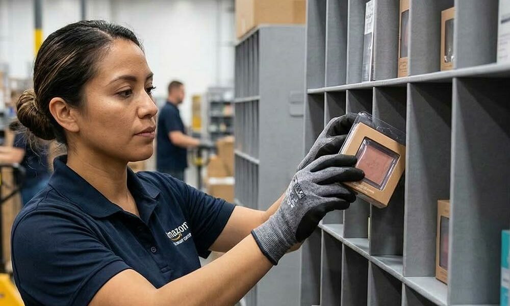 A person taking items out of custom pigeon holes in a warehouse