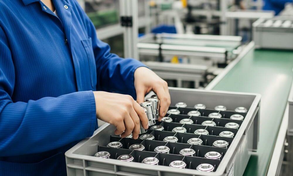 A person loading parts into Euro size containers in a factory