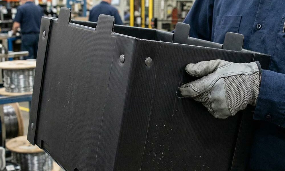 A person carrying a foldable plastic tote box in a factory