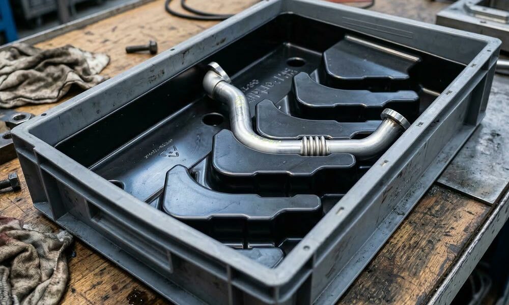 Moulded plastic containers A moulded plastic container on a workbench in a factory