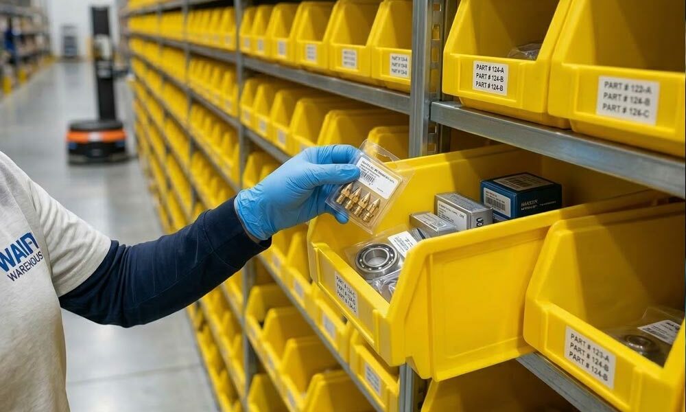 Plastic component bins A person taking a small product out of a plastic component bin in a warehouse
