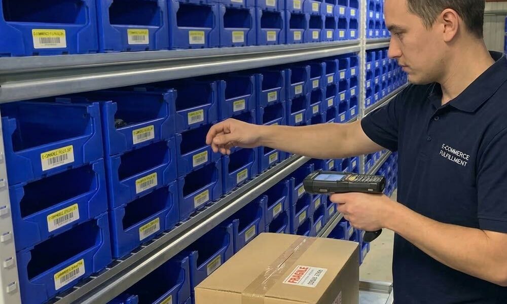 A person picking eCommerce orders from plastic picking boxes