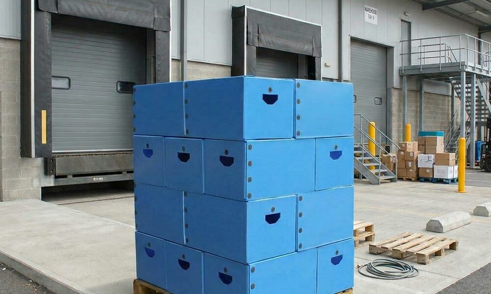 Returnable transit packaging Rapitainer returnable transit packaging on a pallet outside a warehouse