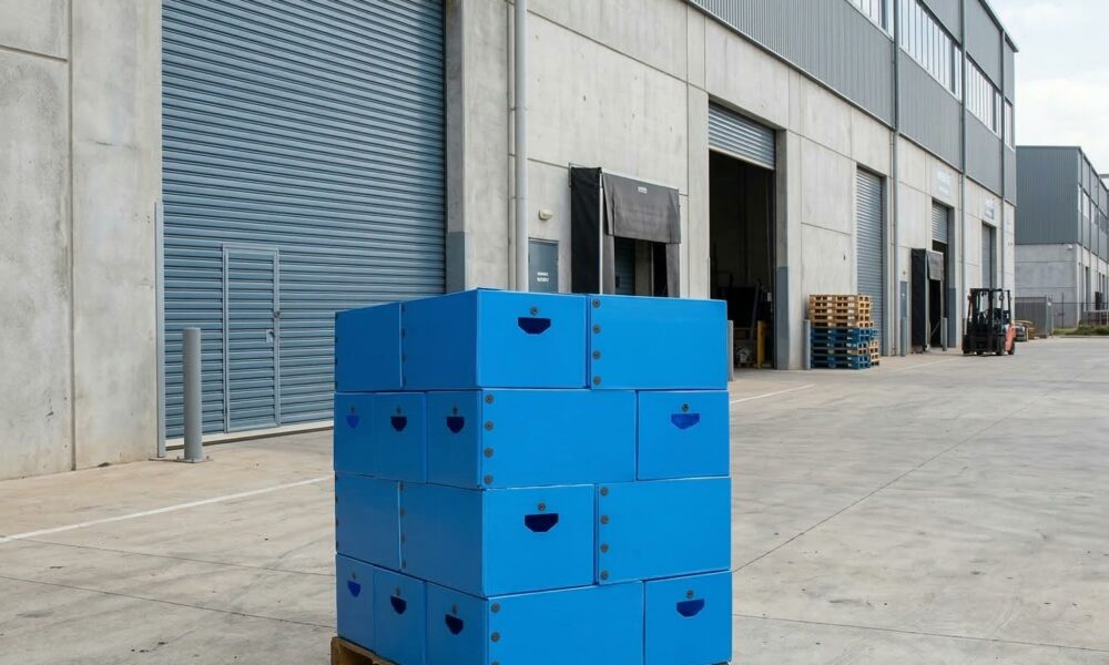 Reusable shipping boxes on a pallet outside a warehouse