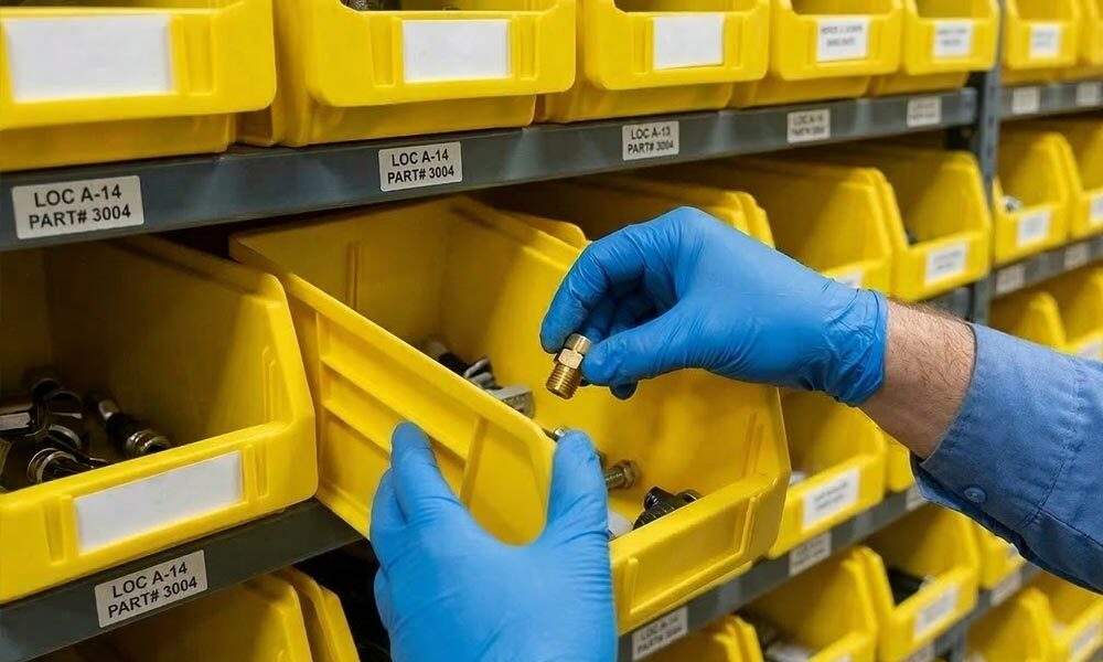Rigid containers A person taking small parts out of rigid containers in a warehouse