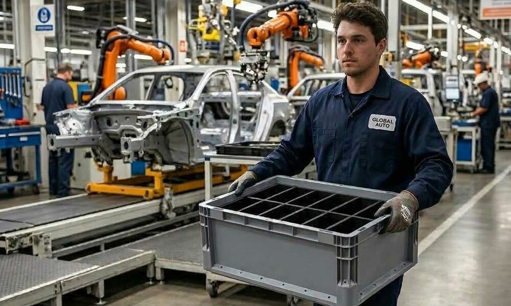Rigid plastic containers A person carrying rigid plastic containers through an automotive factory