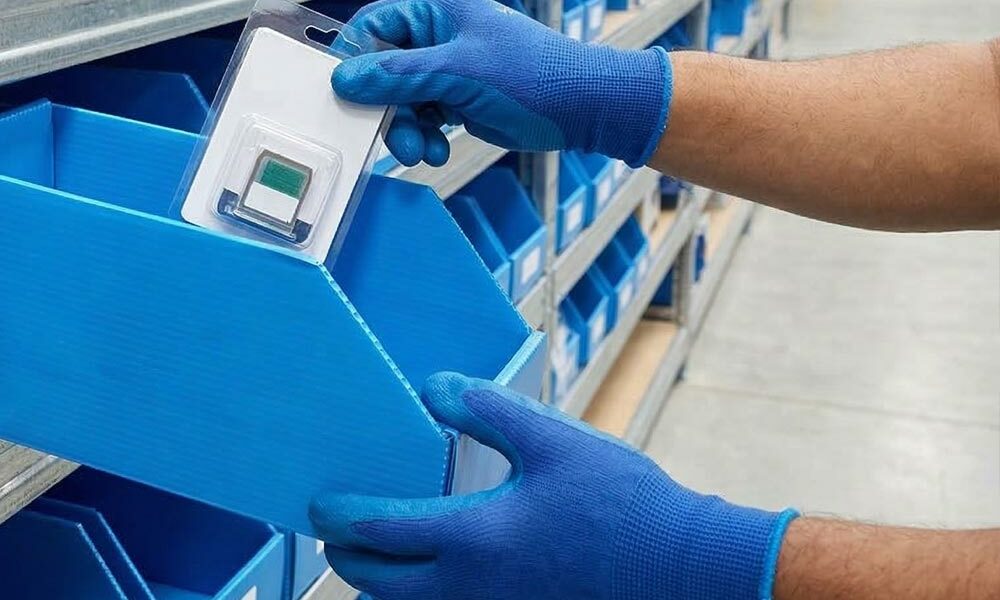 A person taking an item out of a small parts bin