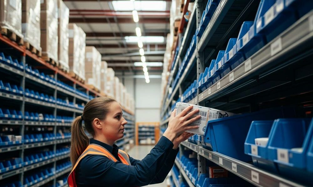Small parts bins plastic A person picking orders from small plastic parts bins in a fulfilment centre.