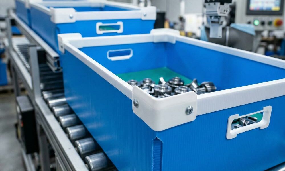 Blue plastic tote boxes on a conveyor in a factory