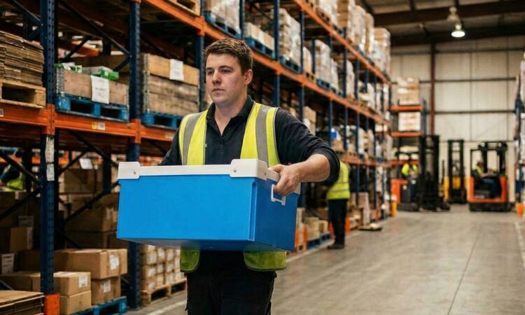 A person carrying Correx tote boxes in a warehouse