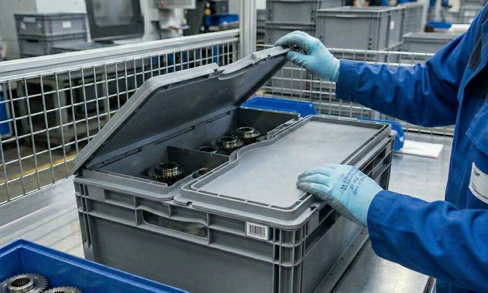 A person packing parts into tote boxes with lids in a factory.