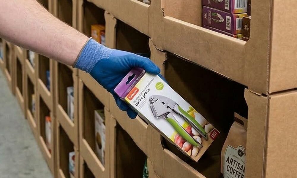 A person taking a product out of a cardboard stacking pick bin to fulfil an eCommerce order
