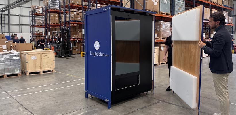Bright.Blue timber crates Bright.Blue timber crate being assembled in a warehouse