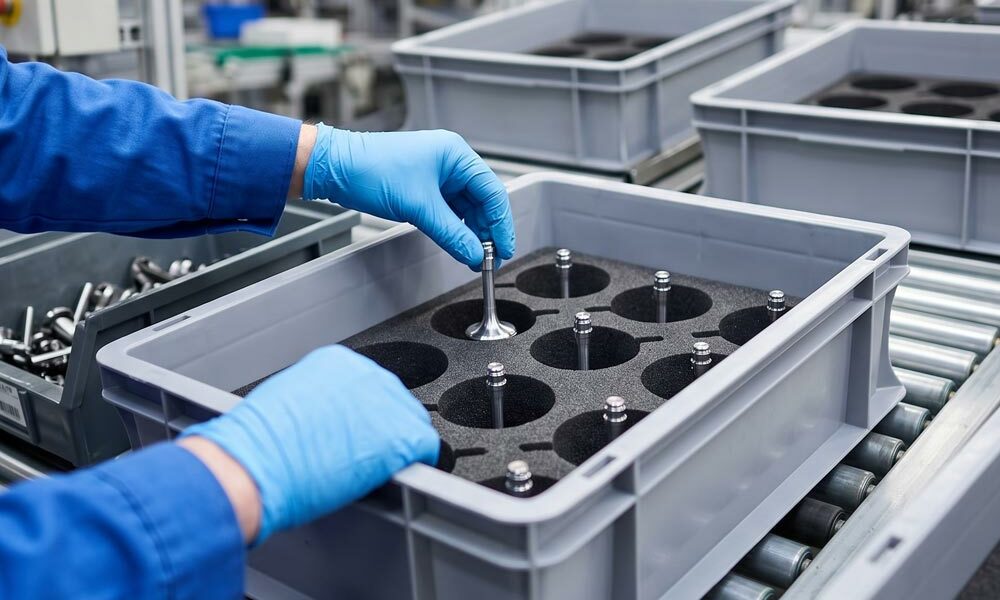 Container inserts A person loading foam container inserts with components in a factory