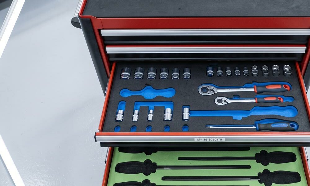 Custom drawer liners Custom drawer liners in a tool chest