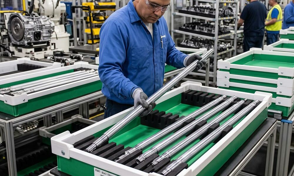 Custom foam dividers A person packing parts into custom foam dividers in a factory