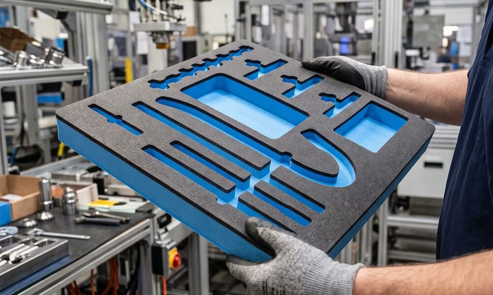 Custom foam trays A person carrying a custom foam tray in a factory