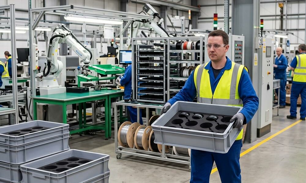 A person carrying plastic foam dunnage in a factory