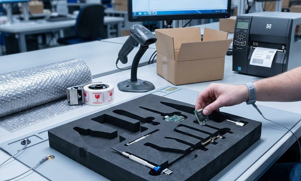 Specialist foam trays A person taking parts out of a specialist foam tray in a factory
