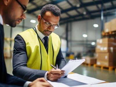 Competitive advantage Two people analysing packaging in a warehouse