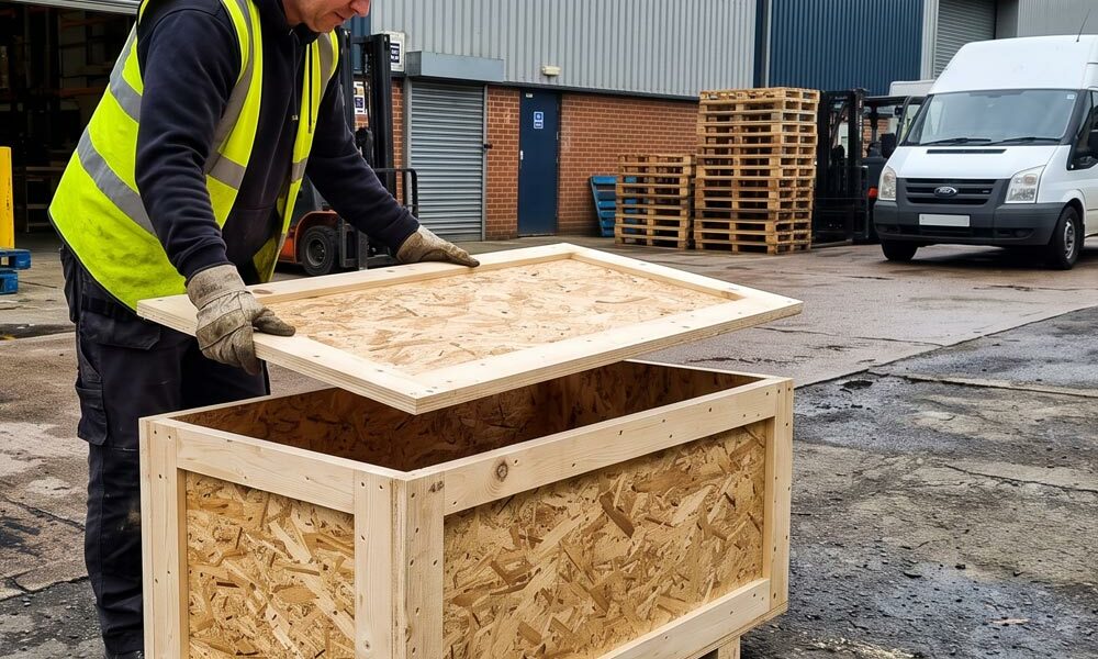 OSB shipping crates A person packing OSB shipping crates in a yard outside a warehouse