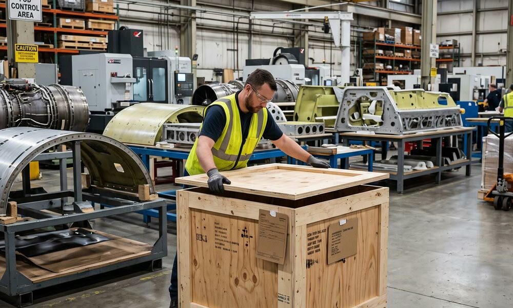 Plywood boxes for shipping A person putting a lid on plywood boxes for shipping in a factory