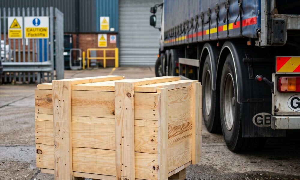 Softwood packaging A softwood packaging crate outside a warehouse