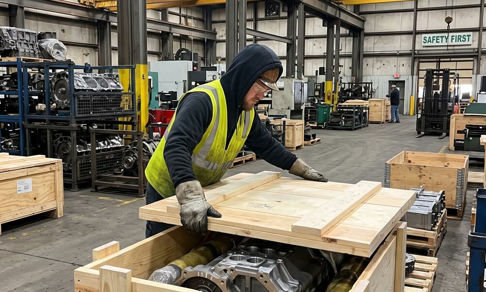 Softwood timber packaging-crates A person packing automotive parts in a softwood timber packaging crate in a factory