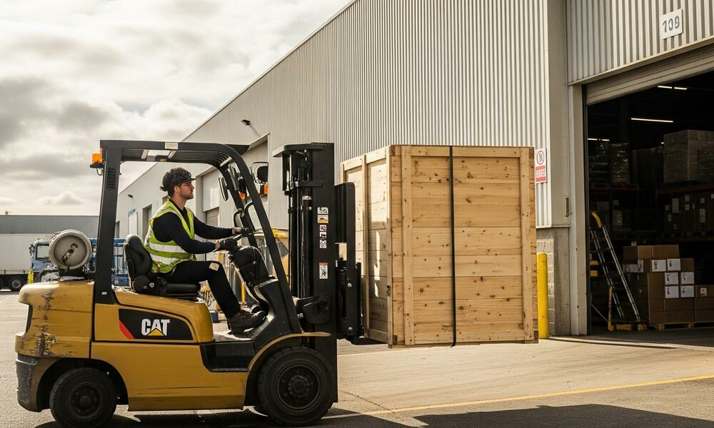 Wooden packing crates A person moving a wooden packing crate with a forklift