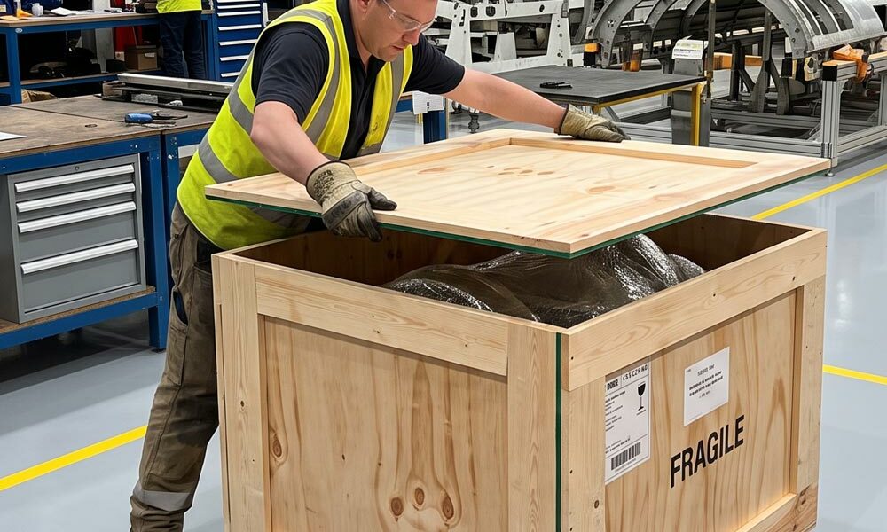 Wooden shipping box A person packing industrial parts in a wooden shipping box in a factory